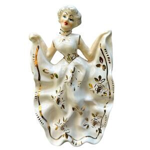 Victorian Porcelain Vintage Woman Figurine Hand Painted White Gold Accents Japan